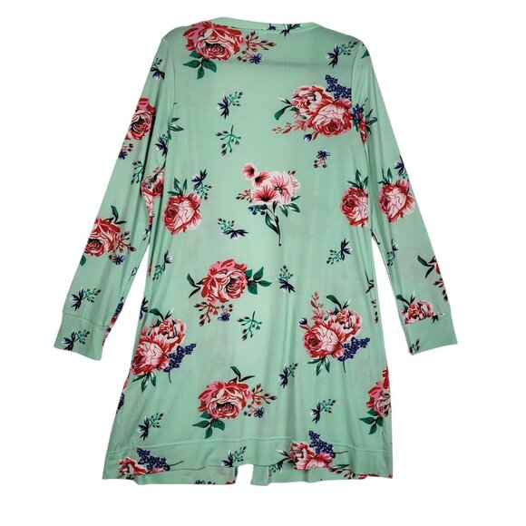 Tickled Teal Floral Cardigan Women's Large Green Pink Long Lines Pockets Boho - Picture 2 of 9